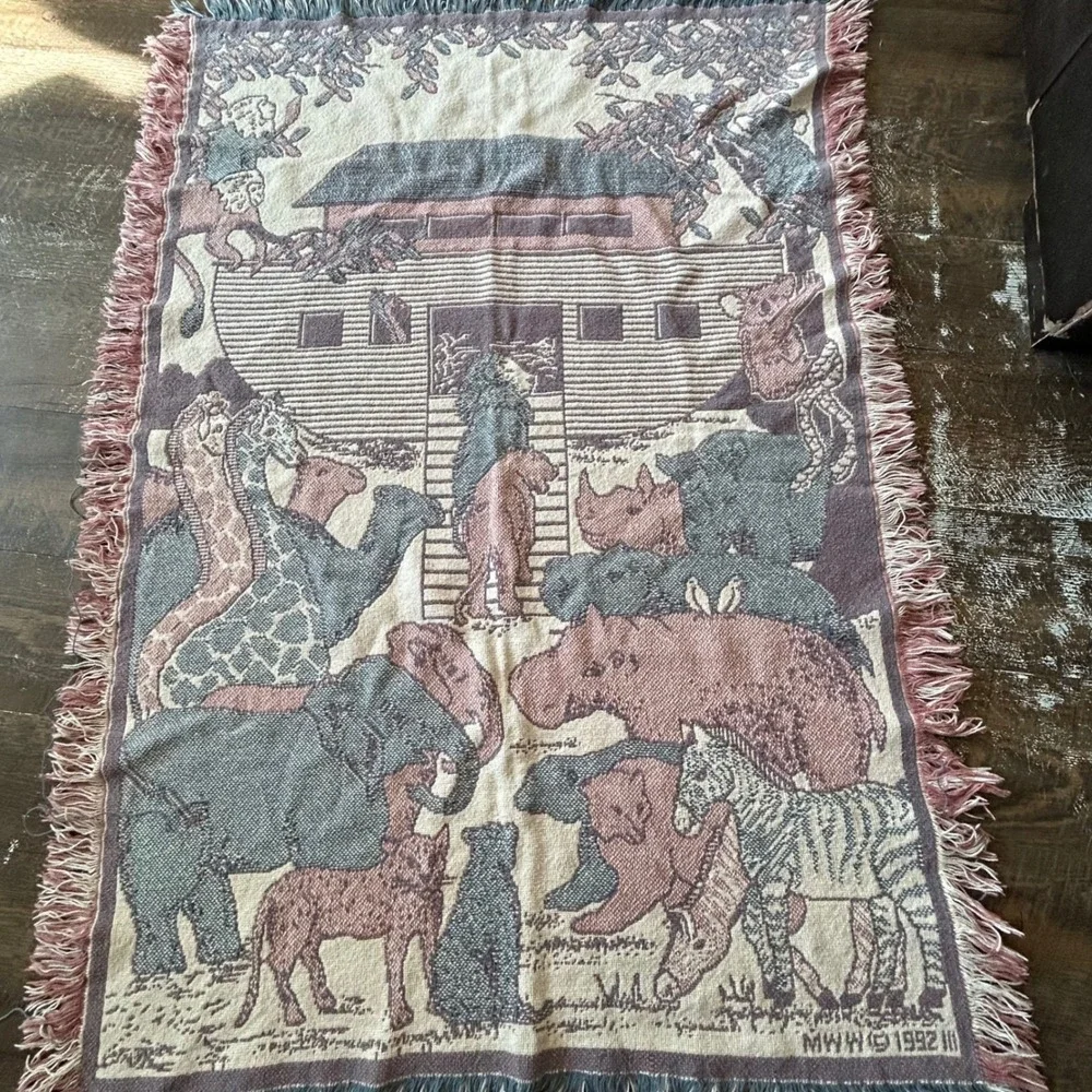 VTG 1992 MWW Noahs Ark Tapestry Blanket Throw Pastel Baby Nursery 32x46